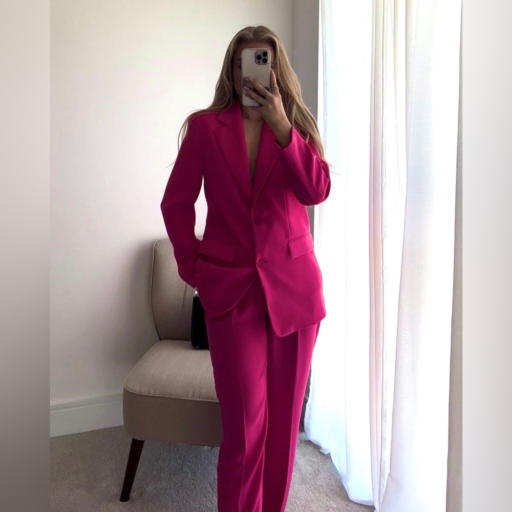 Zara Set - Fuchsia Straight Cut Pocket Blazer & The Low Rise Flare Pants - Picture 1 of 17